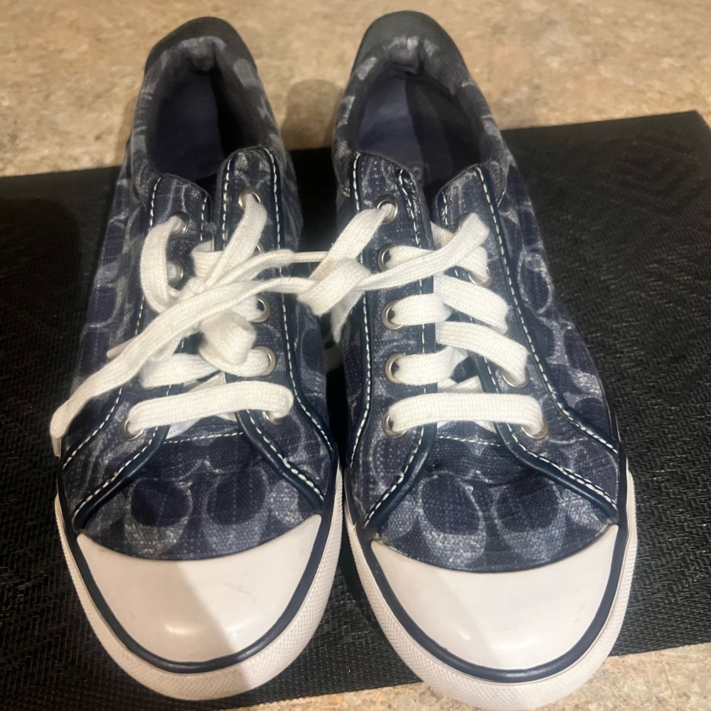 Coach Blue and White Sneakers with Signature Pattern